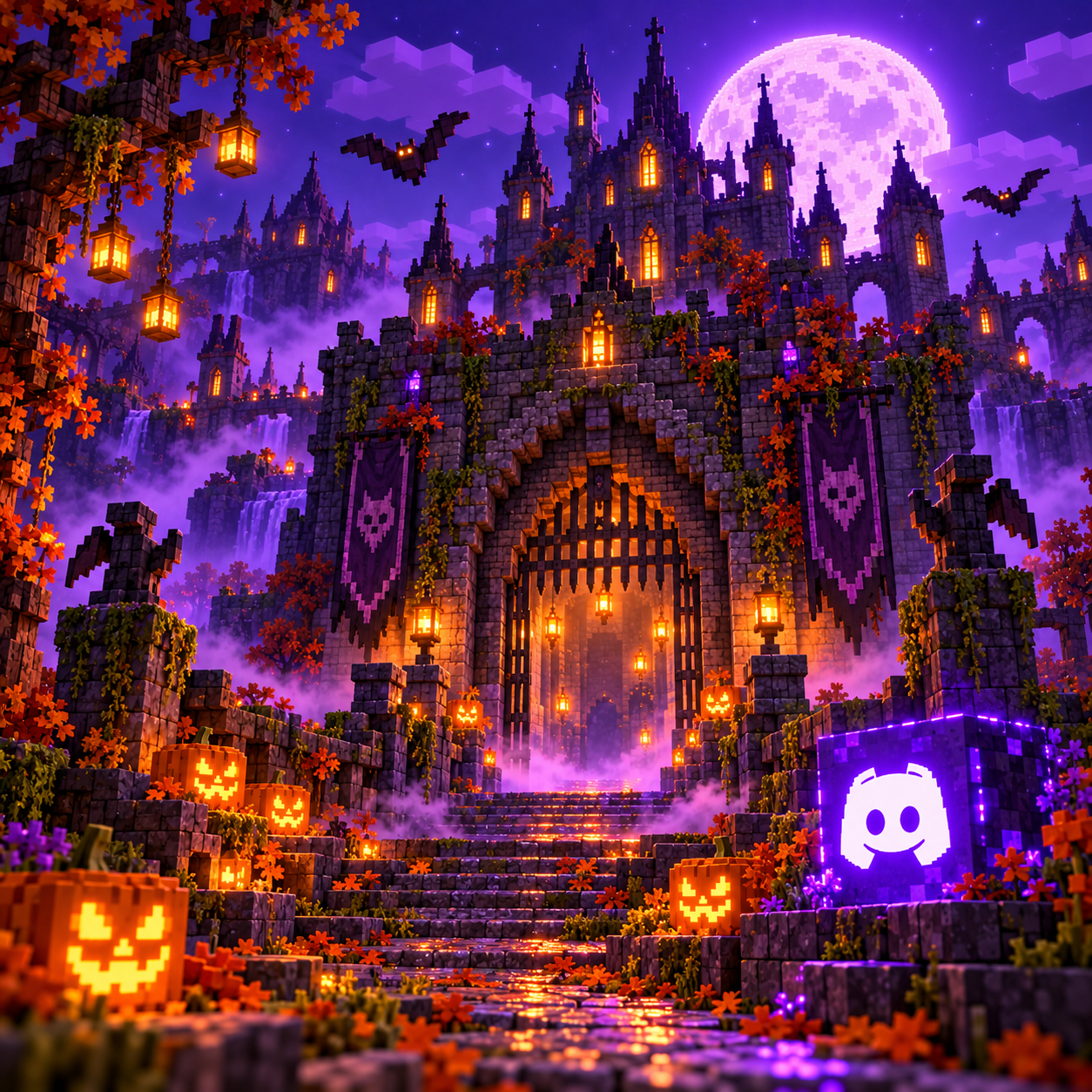Haunted voxel castle gate lit by pumpkins, with a purple Discord emblem cube