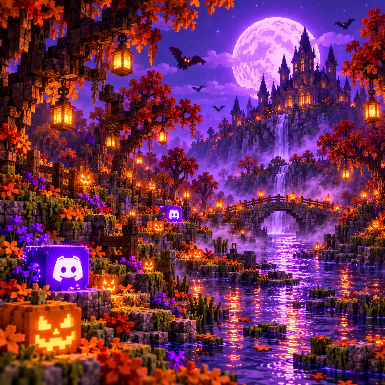 Moonlit autumn voxel forest and river with lanterns, pumpkins and purple Discord cubes
