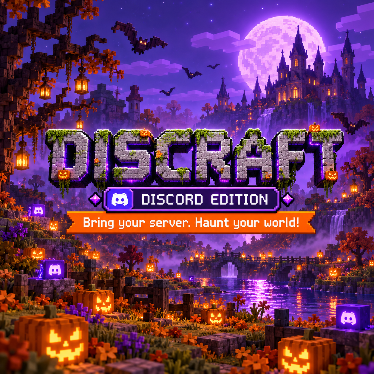 Discraft stone logo above a moonlit Halloween voxel castle, pumpkins and purple Discord cubes